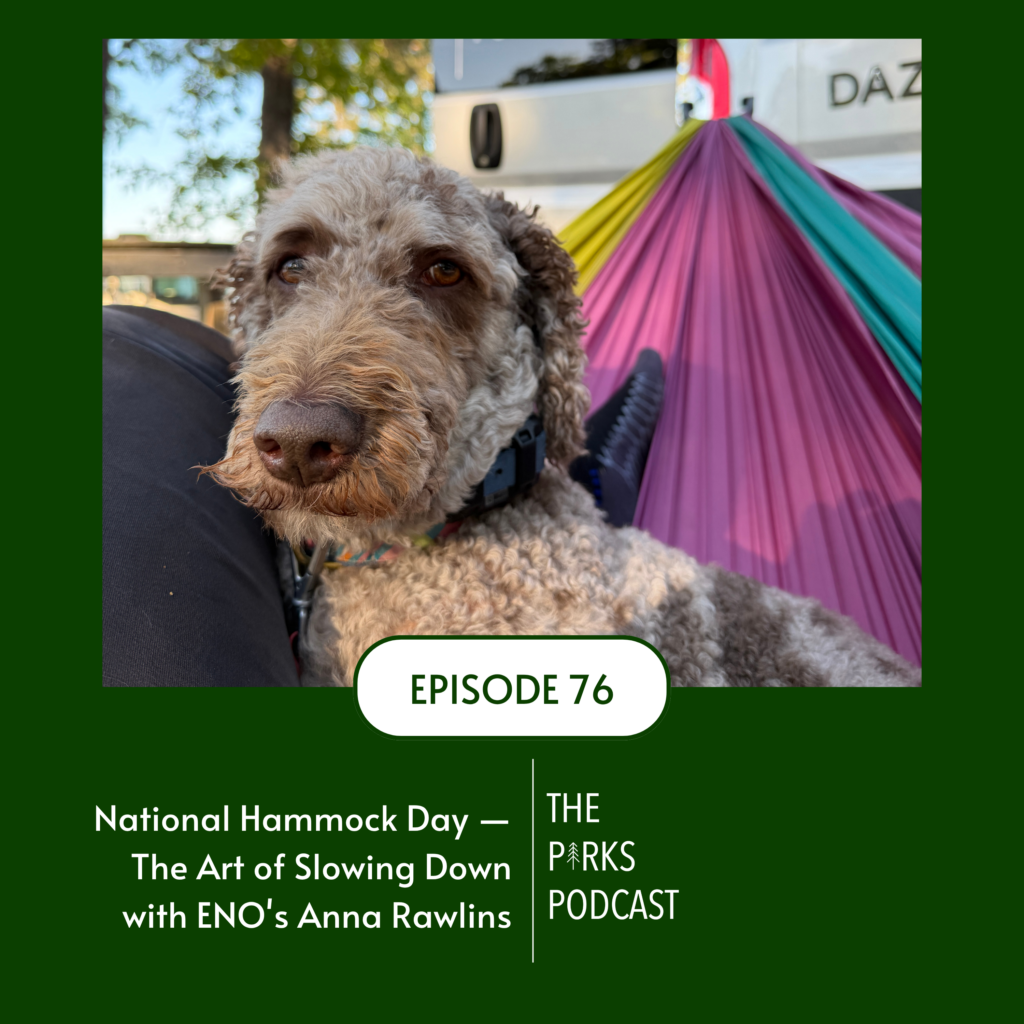 Episode 76 information card with photo of goldendoodle in a hammock