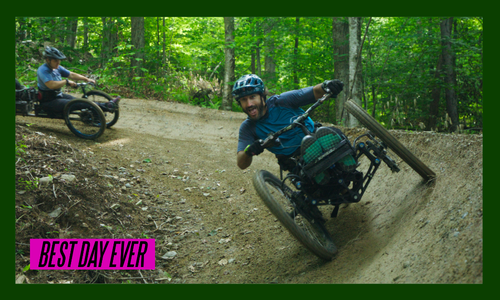 Greg Durso riding an adaptive mountain bike trail with "Best Day Ever" movie logo in lower left