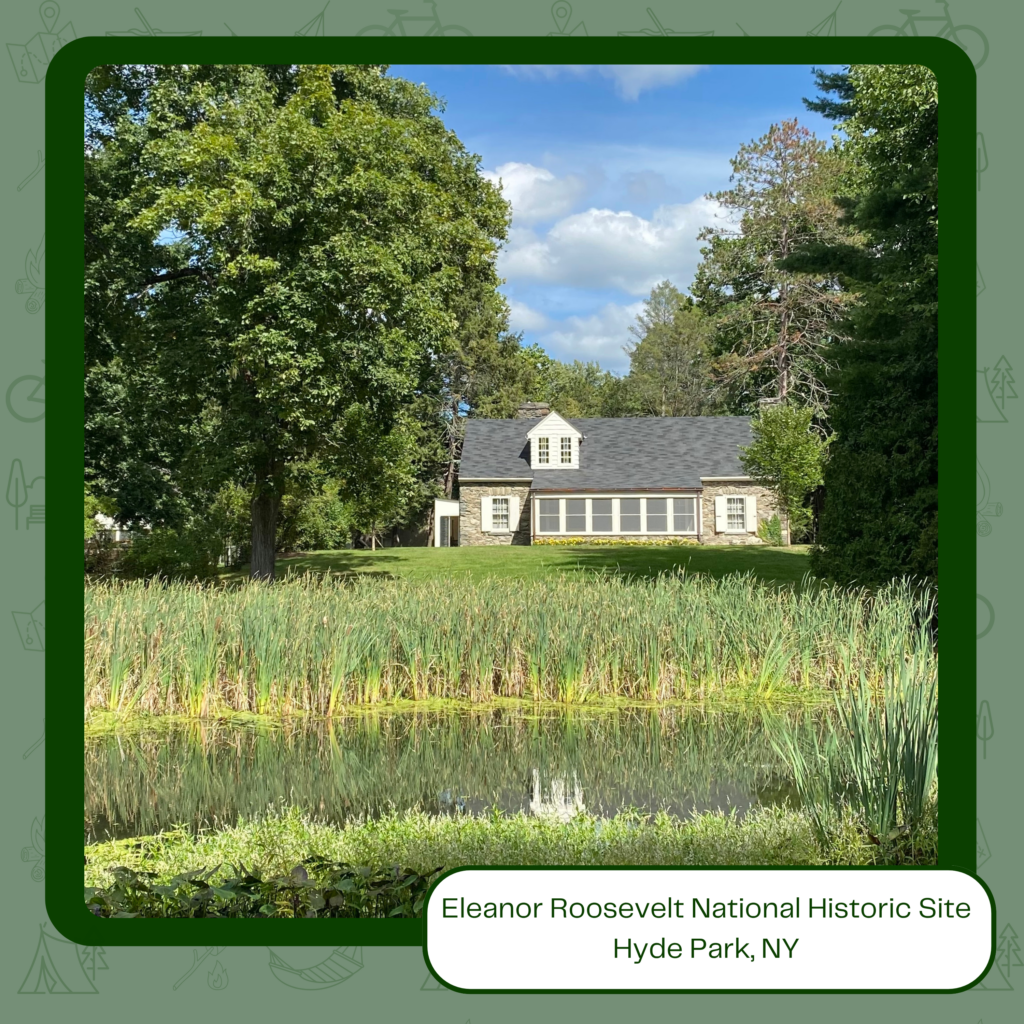Image of Eleanor Roosevelt National Historic Site home with the pond in front.