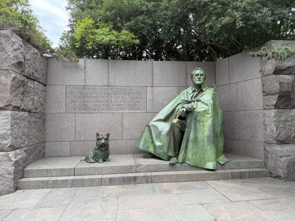 FDRM - FDR and dog The bronze statue of Franklin D. Roosevelt seated with his dog Fala at the FDR Memorial, Washington DC