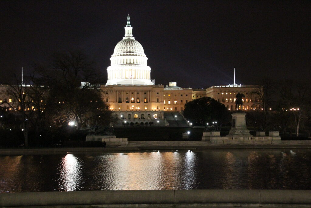 The United States Capitol building lit up at night, Washington DC
