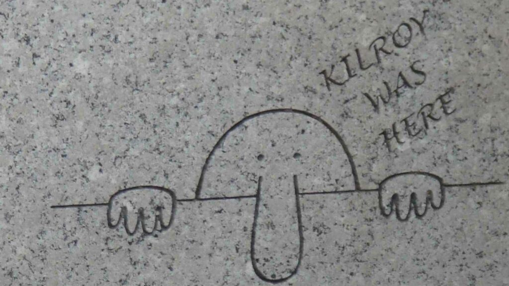 WWII - kilroy was here A hidden Kilroy was here engraving at the World War II Memorial — a bald figure with a long nose peering over a wall